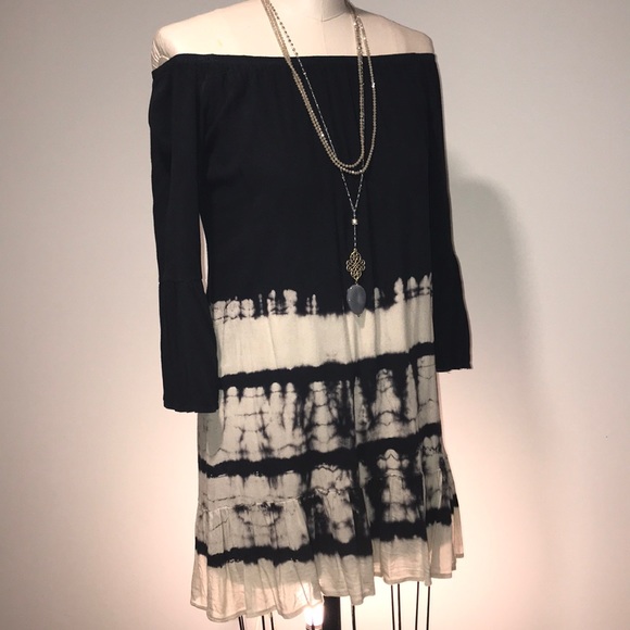 Tinley dark gray tie dye off shoulder dress▪️ sz L - Picture 2 of 8